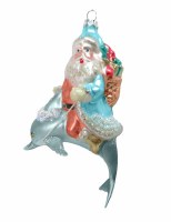 6" Santa Riding on a Dolphin Glass Ornament