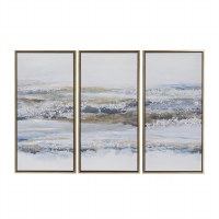 Set of 3 39" x 20" Blue Waves Canvas in a Metallic Gold Frame