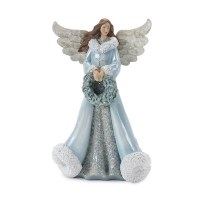 10" Blue Resin Angel Holding a Wreath