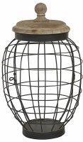 15" Black Openwork Metal Jar With a Wood Lid