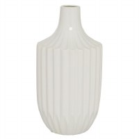 13" White Ceramic Ribbed Vase