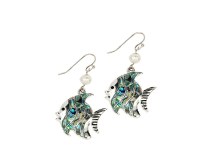Silver Toned and Abalone Fish Earrings