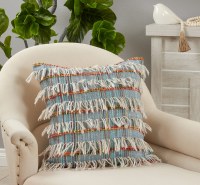 22" Sq Blue and Multicolor Plaid Fringe Decorative Pillow
