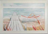 30" x 42" Boat Dock With Coral Grass Gel Print With a White Frame