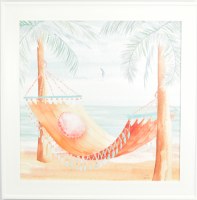 30" Sq Coral Hammock on the Beach Gel Print With a White Frame