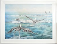 37" x 47" Pelicans Taking Off Gel Print With a White Frame