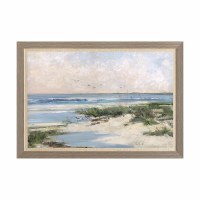34" x 44" Blue and Gray Beach and Birds Gel Print With a Brown Frame