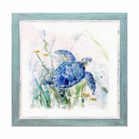 21" Sq Dark Blue Sea Turtle 2 Gel Print With a Blue Frame