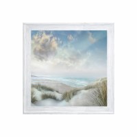 31" Sq Beach Grass and Blue Sky Gel Textured Coastal Print With a Whitewash Frame