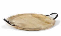 14" Round Natural Wood Tray With Faux Leather Handles