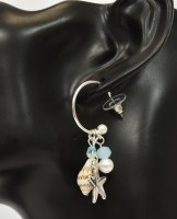 Silver Toned Starfish and Beads Hoop Earrings