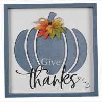 12" Sq Blue "Give Thanks" Pumpkin Wall Plaque Fall and Thanksgiving Decoration