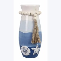 8" Blue and White Shell Vase With Beads