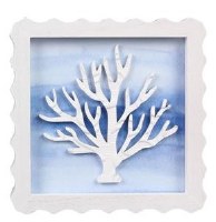 6" Sq Blue and White Coral Wood Wall Plaque