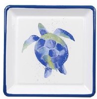 5" Sq Blue and White Metal Turtle Dish