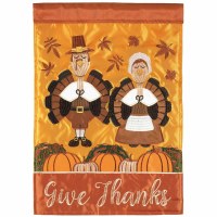 18" x 13" Mini Turkey Pilgrims "Give Thanks" Garden Flag