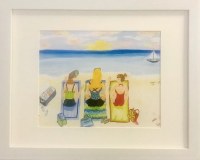 13" x 15" Three Girlfriends Sitting on the Beach Framed Wall Art Under Glass