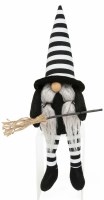 15" Black and WHite Witch Gnome Holding a Broom  Halloween Decoration