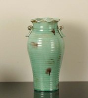 14" Green Ribbed Ceramic Two Handle Vase