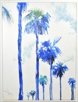 60" x 45" Tall Blue Palm Tress Canvas in a White Frame
