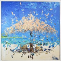 48" Sq Thatched Roof Umbrella and Beach Chairs Canvas in a White Frame