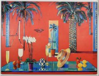 45" x 60" Table and Palm Trees on a Red Canvas in a White Frame