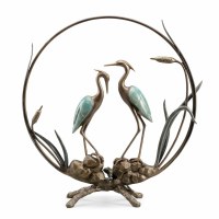 26" Verdigris and Bronze Herons in a Ring Statue