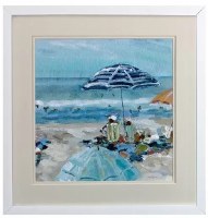 17" Sq Blue Umbrella on the Beach Framed Print Under Glass