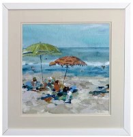 17" Sq Green and Orange Umbrellas on the Beach Framed Print Under Glass