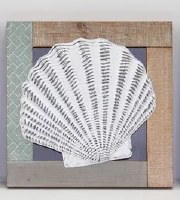 12" Sq Distressed White Scallop Shell on Wood Wall Plaque