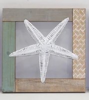 12" Sq Distressed White Starfish on Wood Wall Plaque