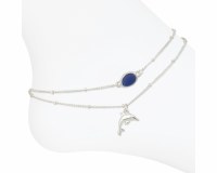 Silver Toned Dolphin and Blue Sea Glass Anklet