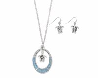 Set of Two 18" Silver Toned and Blue Glitter Polyresin Inlay Turtle Necklace and Earrings