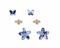 Set of Three Gold Toned and Blue Butterfly, Bee, and Flower Earrings