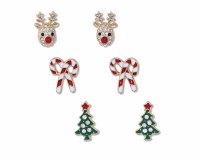 Set of Three Reindeer, Candy Cane, and Christmas Tree Earrings