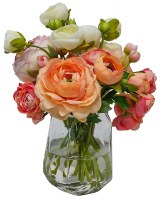 10" Faux Peach and Multicolor Ranunculus in a Glass Vase