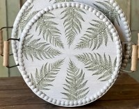 13" Round White Beaded Rim and Fern Pattern Tray With Handles
