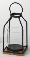 12" Black Metal and Brown Wood Lantern