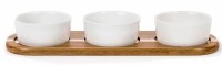 12" Natural Board and Three White Ceramic Bowls Set