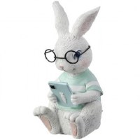 6" White Polyresin Bunny Holding a Cell Phone