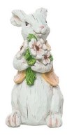 5" White Polyresin Bunny Holding Flowers