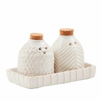 3" Distressed White Textured Salt and Pepper Shakers With a Tray by Mud Pie