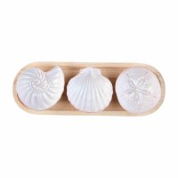 5" x 16" Natural Wood Tray With Three Shell Bowls by Mud Pie