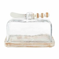 4" x 7" White Wash Wood Base Butter Dish With a Clear Lid and a Wood Spreader by Mud Pie