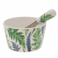 5" Round Blue and Green Palm Fronds Bowl With a Spreader