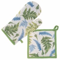 Set of Two Blue and Green Palm Fronds Pot Holder and Oven Mit