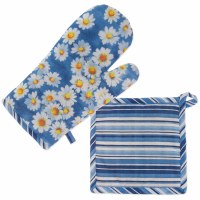 Set of Two White Daisies on Blue Pot Holder and Oven Mit