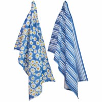 Set of Two White Daisies on Blue Kitchen Towels