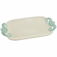 8" x 14" Green and White Ceramic Seahorse Tray