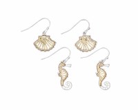 Set of Two Silver and Gold Toned Shells and Seahorse Earrings